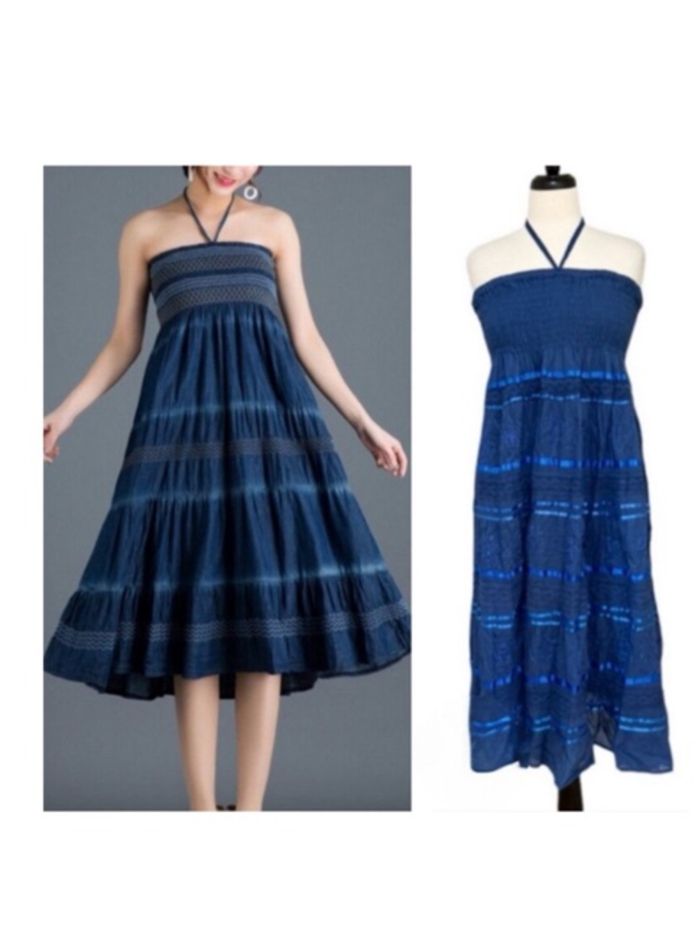 Sakkas Women’s Smocked Bodice Halter Neck Dress Blue Size Medium